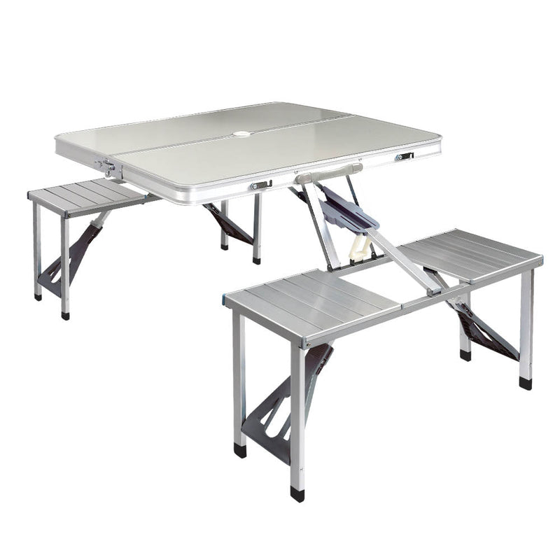 Portable folding camping table with attached bench seats for outdoor adventures