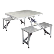 Portable folding camping table with attached bench seats for outdoor adventures