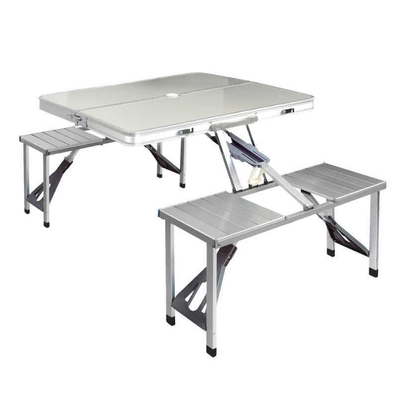 Portable folding camping table with attached bench seats for outdoor adventures