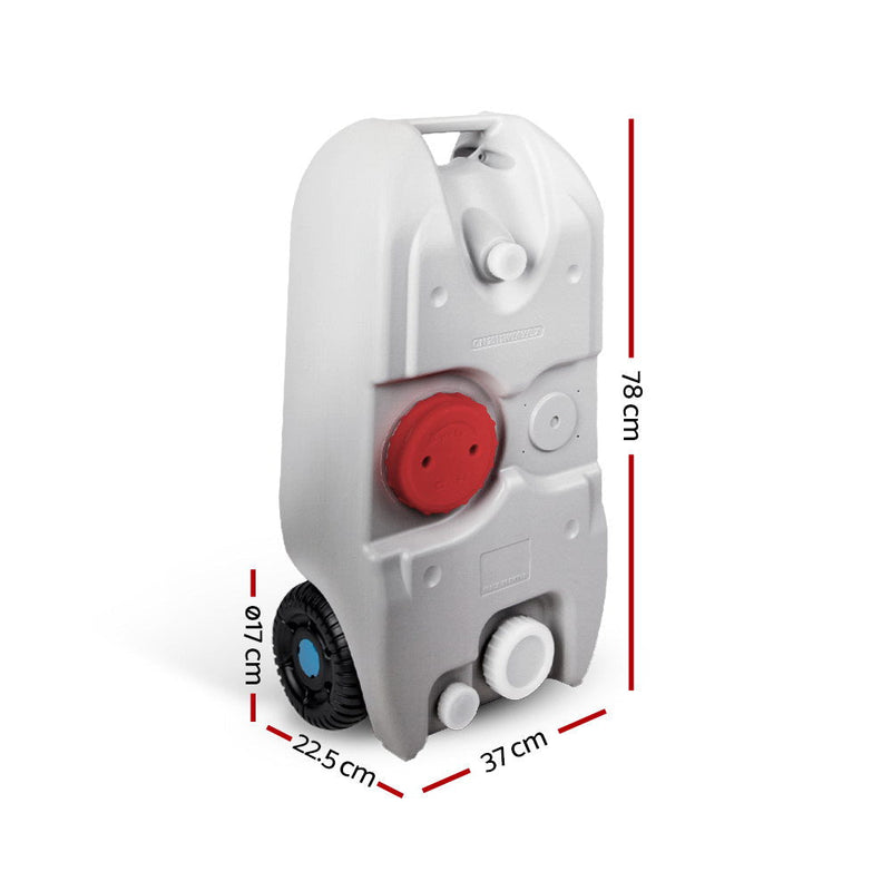 Portable wheel water tank with red cap for easy transport and 40L capacity