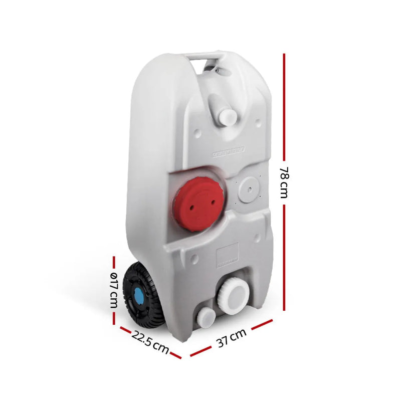 Portable wheel water tank with red cap for easy transport and 40L capacity