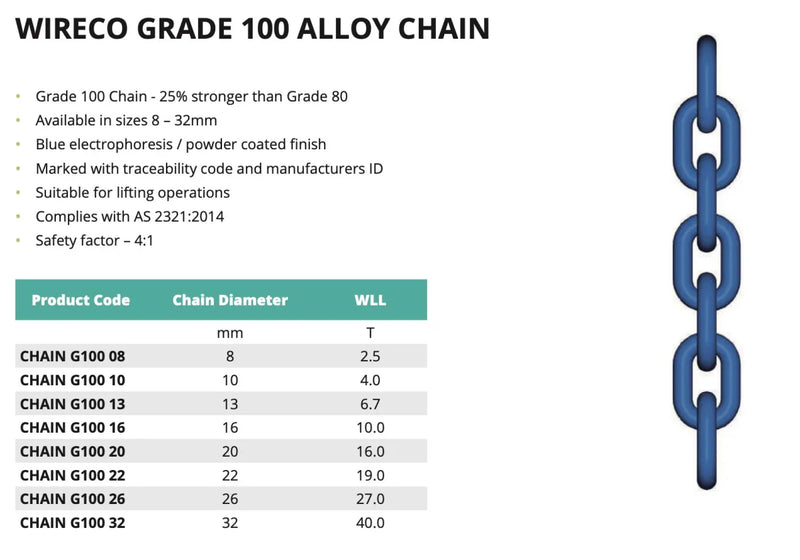 WireCo G100 8mm 1 Leg Chain Sling | 2.5t | 2m 8m