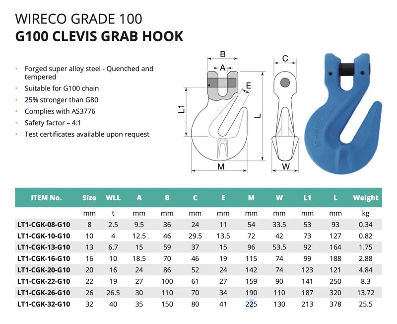 WireCo G100 8mm 1 Leg Chain Sling | 2.5t | 2m 8m