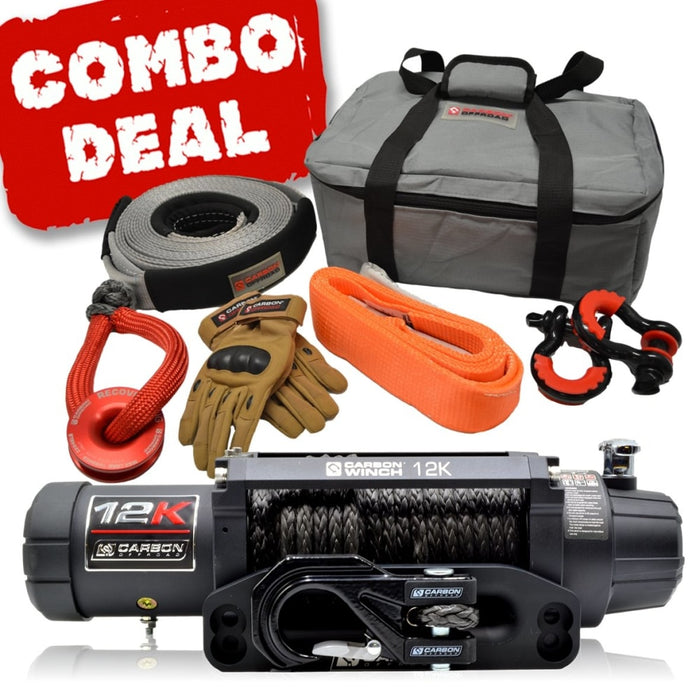 Carbon Offroad 12K 12000lb Winch Installation and Recovery Bundle Kit | Version 3 - Electric Winch