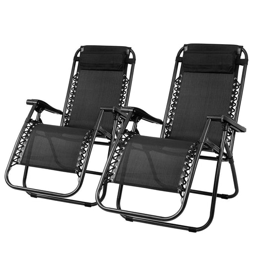 Gardeon Zero Gravity Chairs 2PC Reclining Outdoor Sun Lounge Furniture Folding Camping Lounger | Black - Camping Accessories