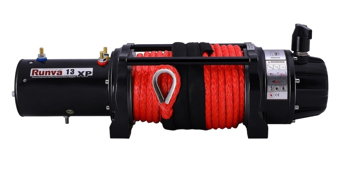 Runva 13XP Premium Black 12V Recovery 4x4 Winch with Red Synthetic Dyneema Rope Fully IP67 Protected